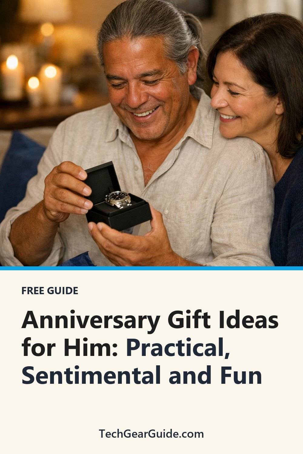 Anniversary Gift Ideas for Him. The list includes Think about shared memories, Choose something he will use, Add a handwritten note.