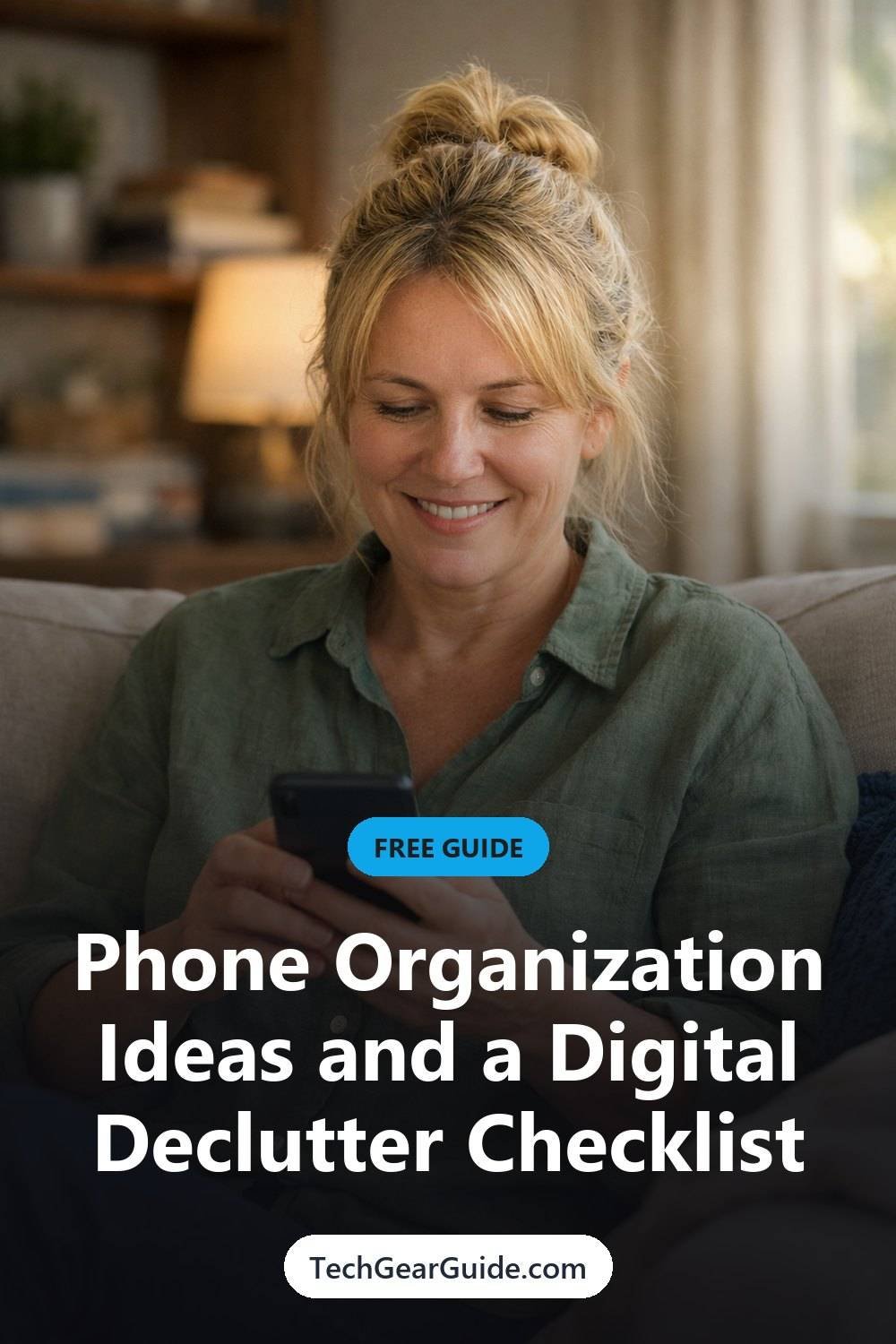 Phone Organization Ideas and a Digital Declutter Checklist. Preview of what is inside: Apps, Photos and screenshots, Downloads and files.