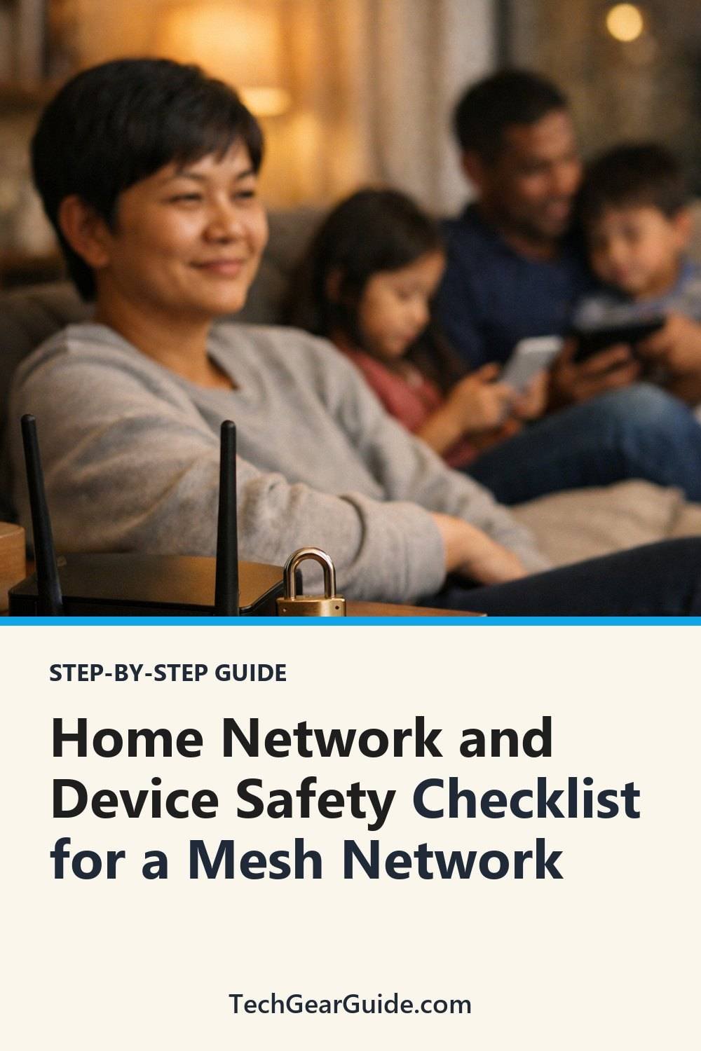 Home Network and Device Safety Checklist: What to Check. The list includes Change default passwords, Update the software, Use a strong Wi-Fi password.